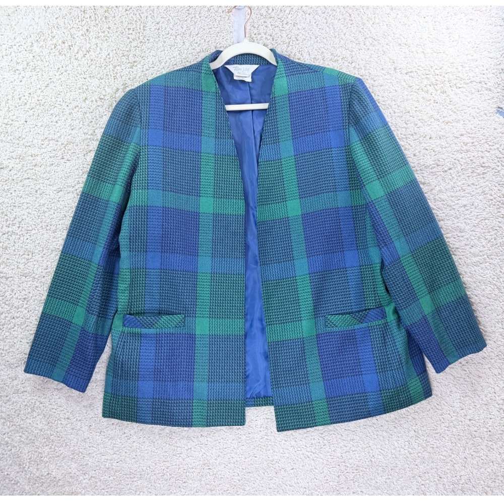 Tan Jay Open Front Blazer Women Size 18 Blue Green Plaid Wool Blend USA